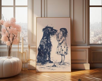 Happy Dog Gets Ice Cream | Vintage Girl & Dog | Adorable Beach Cottage Art | Coastal Nursery | Navy Blue Transparent Sketch | Printable