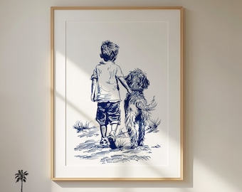 Happy Beach Labradoodle Walking With Boy - Vintage Coastal Home Print - Nursery Room Wall Art Adorable Fun Dog Lover Simple Navy Blue Sketch