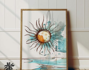 Puede incluir: Una pintura de acuarela enmarcada de un sol con un esquema de color azul y naranja. El sol está rodeado de un fondo de acuarela azul con algunas salpicaduras de pintura. La pintura está enmarcada en un marco de madera marrón claro.