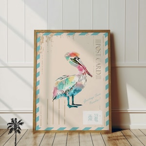 postale colorée de pélican | Art mural vie marine côtière | Décoration sur le thème de la plage | Amoureux des pélicans | Pépinière nautique imprimable | Téléchargement numérique