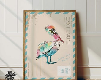 Colorful Pelican Postcard | Coastal Sea Life Wall Art | Beach Themed Decor | Pelican Lovers | Nautical Nursery Printable | Digital Download