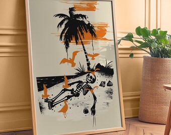 Hilarious Halloween Skeleton Holiday Asleep - Retro Halloween October Art Print - Halloween Poster Kitchen Bathroom - Spooky Dorm Fun Party
