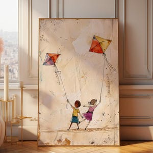 Kids Flying Kites On Beach | Simplistic Nursery Bedroom Art | Muted Oil Painting | Happy Beach Day Printable | Digital Download