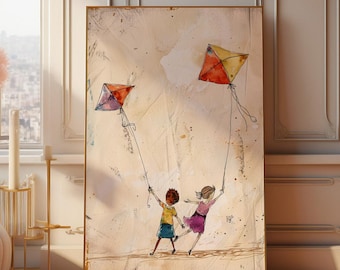 ビーチで凧揚げ - 風景、子供、海景：水彩画、壁画、アートプリント
