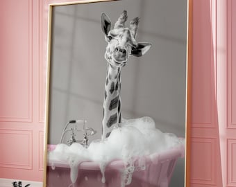 May include: A black and white photograph of a giraffe in a pink bathtub with bubbles. The giraffe is looking directly at the viewer with a playful expression.