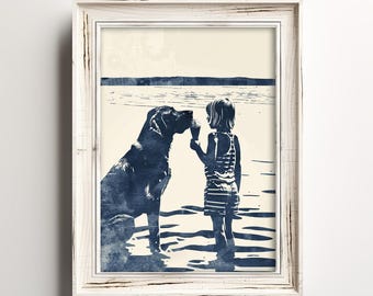 May include: A black and white illustration of a person and a dog on a beach. The person is holding an ice cream cone and the dog is looking at the ice cream cone. The background is a blue and white watercolor wash.