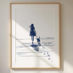 Girls Beach Walk Sketch | Coastal Dog Mom Art | Ocean Salty Dog Life | Girly Beach Decor For Home  Dog Art Printable | Digital Download