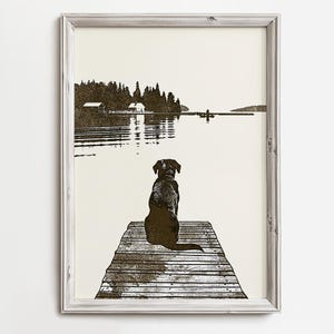 Labrador Am Seedock | Niedlicher Seehund in brauner Skizze | Summer Home Wandkunst | Friedliche Hundekunst | Landhaus Dekor | Hund druckbare Download