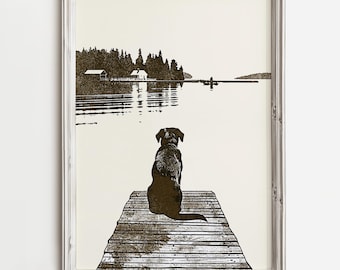 Labrador On Lake Dock | Cute Lake Dog In Brown Sketch | Summer Home Wall Art | Peaceful Dog Art | Cottage Decor | Dog Printable Download