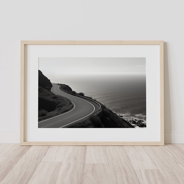 Seaside Highway - Monochrome Photography - California Coastal - Landscape Wall Print - Highway Art - Serene Open Road - Oceanside - Download