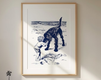 Happy Beach Dog | Loving Coastal Day | Nursery Room Wall Art | Adorable Fun Print For Dog Lovers | Navy Blue Sketch | Download & Printable