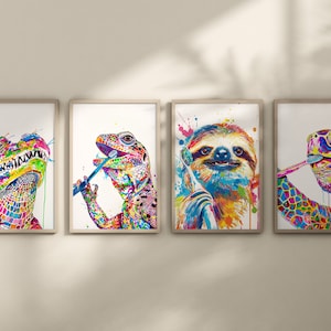 Animales tropicales cepillándose los dientes / Juego de 4 / Arte animal divertido y caprichoso / Divertido lagarto, caimán, perezoso, tortuga / Baño infantil imprimible