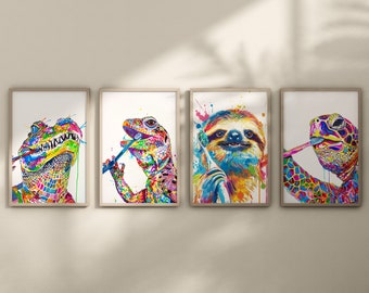 Animaux tropicaux se brosser les dents lot de 4 - art animalier drôle - lézard alligator humoristique paresseux tortue - couleurs vives - art mural salle de bain