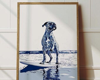 May include: A blue and white illustration of a dog standing on a surfboard in the ocean. The dog is looking to the right and has a white spot on its chest.
