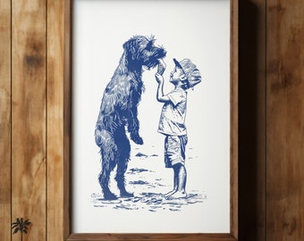 Happy Beach Three Legged Dog Gets Ice Cream - Vintage Coastal Print - Nursery Room Wall Art Print Adorable Fun Dog Lovers Simple Navy Sketch