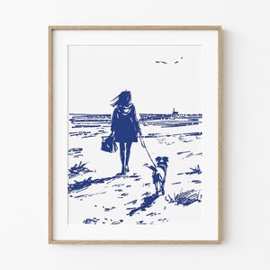 Mom & Border Collie Beach Walk | Dog Mom Coastal Art | Blue On White Sketch Art | Beach Cottage Decor | Collie Dog Printable Download