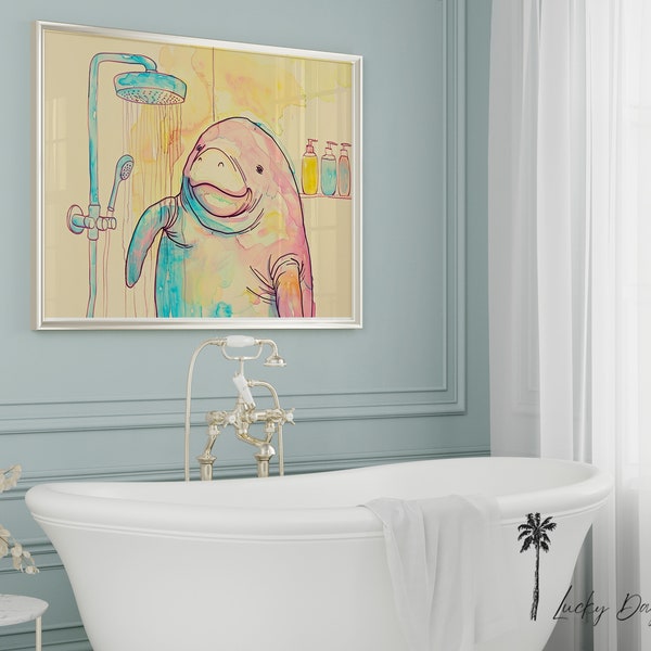 Sea Cow Showering - Whimsical Manatees - Sea Cow Lovers - Relax & Float - Funny Bathroom Wall Art - Manatee Bathroom - Colorful Sketch Print