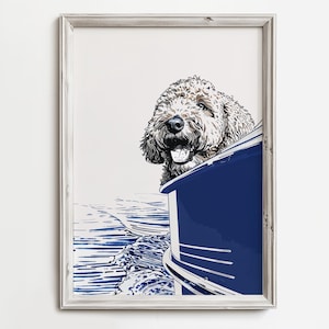 Golden Doodle On Pontoon Boat Ride | Cute Lake Dogs | Summer Home Art | Lake Dog Sketch Art | Beach Cottage Decor | Dog Printable Download