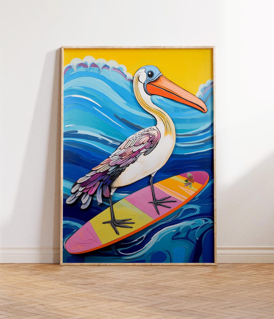 Whimsical Pelican Surfing | Tropical Bird Beach Art | Colorful