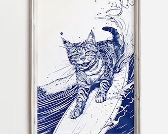 猫　サーフィン　サバトラ　とら猫　サーファー猫　夏　日本画　絵画　原画　海 サーフィン猫のクリップアート、サーフボードに乗ったトラ猫、かわいい