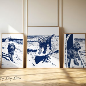 Walking Beach Surfing Sitting on Beach - Doodle Dog Collection Of 3 Vintage Coastal Prints  Wall Art Fun Dog Lovers Simple Navy Blue Sketch