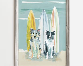 Australian Shepherd Surf Dogs | Coastal Beach Dog Painting | Fun Happy Surf Cottage Art | Colorful Pastel | Watercolor Beach Dog Printable