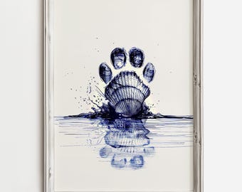 Puede incluir: Un dibujo en tinta azul y blanco de una concha con un chapoteo de agua a su alrededor. La concha tiene la forma de una mano con cinco dedos. La concha se refleja en el agua de abajo.