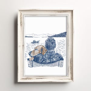 Golden Retriever Hug | Dog & Dad Lake Sketch | Cute Family Summer Art | Cottage Beach House Wall Decor | Dog Printable | Digital Download