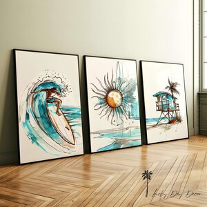 Vintage Surfer Art | Collection Of 3 | Surfer Sun Lifeguard | Coastal Living Room | Rustic Surfing Ocean Printable & Download