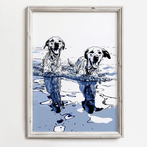 Gelbe Labradore zu Fuß im See - Sommer See Art - Blaue Skizze Kunstdruck - Cottage Condo Bootshaus - Lab druckbare - digitaler Download