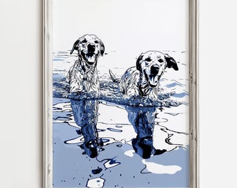 Yellow Labradors Walking In Lake - Summer Lake Art - Blue Sketch Art Print - Cottage Condo Boat House - Lab Printable - Digital Download