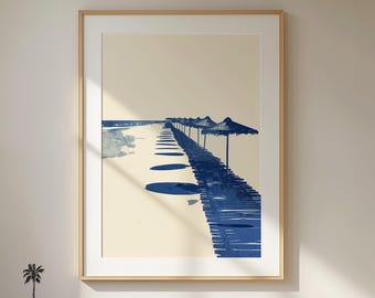 Umbrella Boardwalk Blissful Beach Art | Airy Minimalist Beach House Decor | Rustic Blue Coastal Sketch | Ocean Cottage | Printable Download
