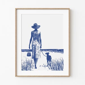 Elegant Beach Walk | Mom & Dog Walking | Summertime Beach Cottage Decor | Cute Home Wall Art | Blue Sketch | Dog Printable Digital Download