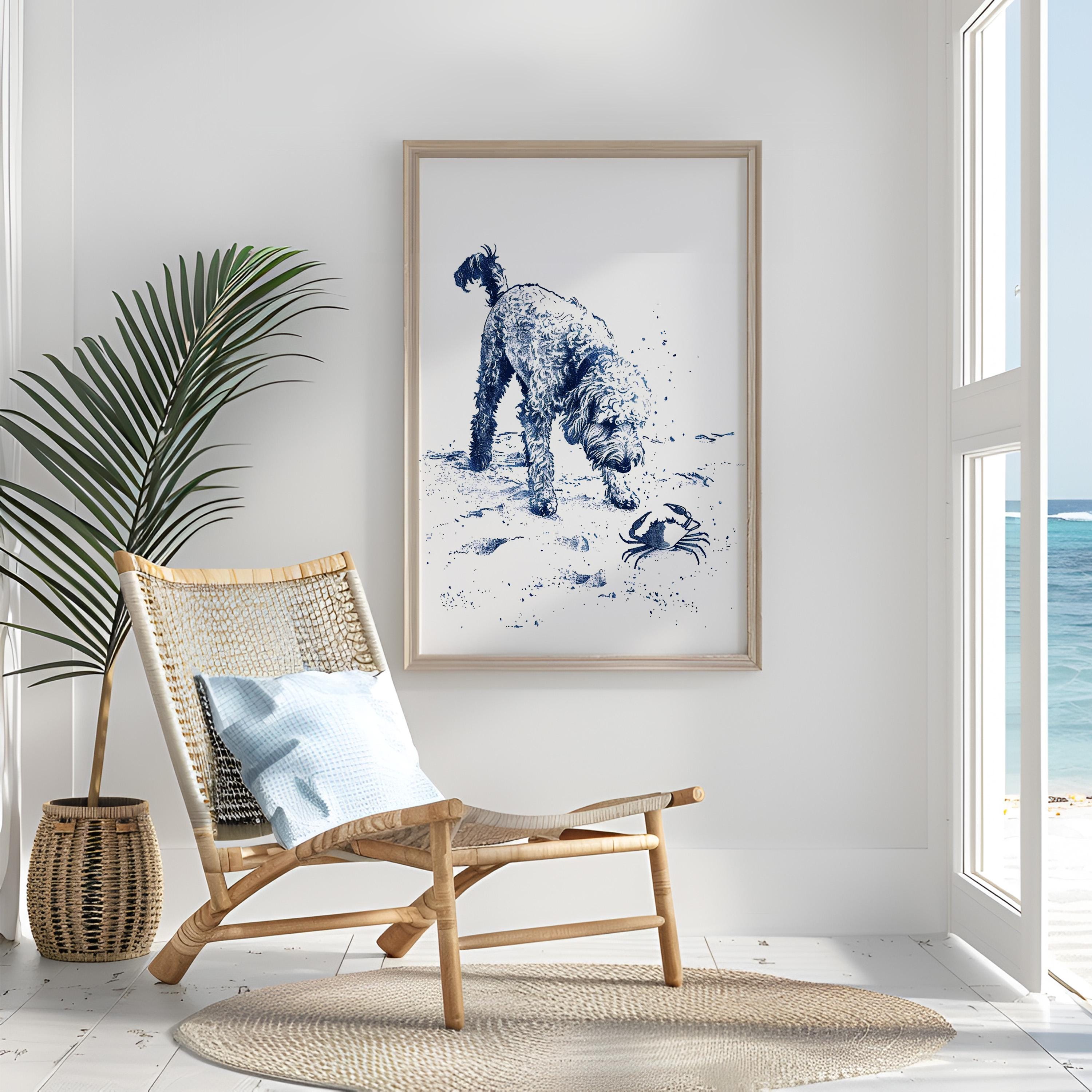 Beach Doodle Finds Crab | Coastal Dog Art | Cute Blue Sketch Art