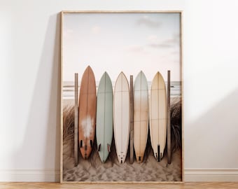 Surfboards on Fence Wall Art - Coastal Printable in Soft Colors | California Island Life | Surfer Instant Download Decor