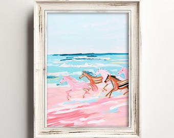 Coastal Horses Running | Pastel Watercolor Painting | Equestrian Home Art | Coastal Texas Wall Decor | Summer Printable | Digital Download