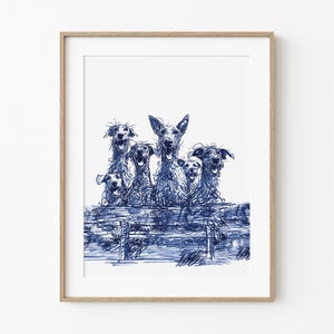 May include: A framed art print featuring a pen and ink style illustration of six dogs. The dogs are depicted in shades of blue, with expressive faces and a playful demeanor. The artwork is set against a white background, and the frame is a light wood color.