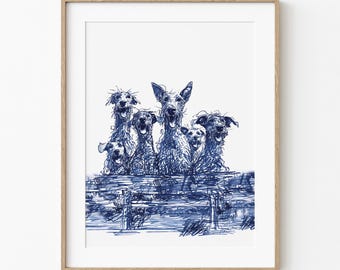 Smiling Bench Dogs Sketch | Joyful Fun Simplistic Art | Dog Enthusiast Wall Decor | Navy Blue Line Sketch Print | Digital Printable