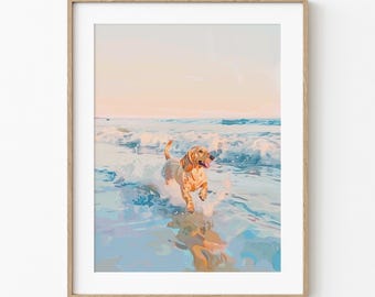 海で幸せそうなダックスフント | 喜びに満ちたウォータードッグの絵画