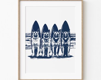German Shepherds Surfboards | Whimsical Beach Dog Art | Fun Summer Beach Cottage Decor | Shepherd Art | Blue Sketch | Dog Printable Download