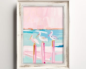 Pastel Pelicans Perched | Sea Life Coastal Painting | Colorful Ocean Home Art | Pink Blue Watercolor | Summer Pelican Printable | Download