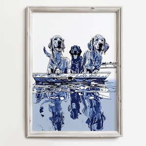 Lake Dogs Ready To Swim | Blue Sketch Art Print | Wall Decor For Cottage Home | Summer Lake Artwork | Happy Dog Printable & Digital Download