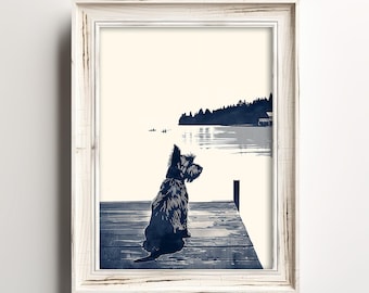 May include: A black and white silhouette of a dog sitting on a wooden dock overlooking a lake with trees in the background.