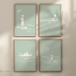 Coastal Home Sketch Art | Collection of 4 | Minimalist Children&#39;s Room | Boy, Palm, Kayaking, Girl In Chair | Kids Room Decor | Printable