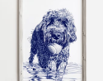 Newfie Doodle encontra bola | Cachorro fofo da costa | Arte de parede para casa de verão | Esboço de Newfoundland | Casa de praia | Azul claro | Para imprimir e baixar