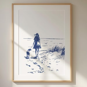 Best Friends Beach Walk | Girl & Dog Art Sketch | Coastal Home Decor | Salty Dog Life | Minimalist Beach House Printable | Digital Download
