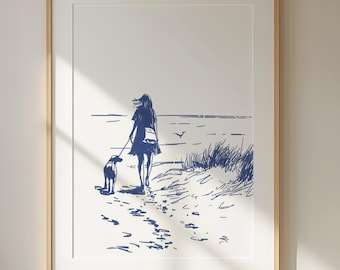 Best Friends Beach Walk | Girl & Dog Art Sketch | Coastal Home Decor | Salty Dog Life | Minimalist Beach House Printable | Digital Download