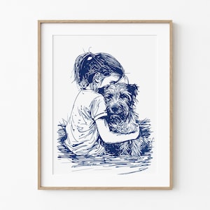 Girl Hugging Her Beach Dog | Adorable Coastal Dog Art | Summertime Beach Cottage Decor | Nursery Room | Blue Sketch | Dog Printable Download