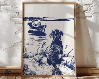 Vintage Coastal Puppy Print - Nursery Wall Art for Dog Lovers - Beach Day Waiting for Boys - Simple Navy Blue Sketch Fun Adorable Design