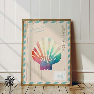 Cartão postal de concha colorida | Decoração de vida marinha | Arte de parede costeira vintage | Casa com tema de praia | Berçário náutico para impressão | Download digital